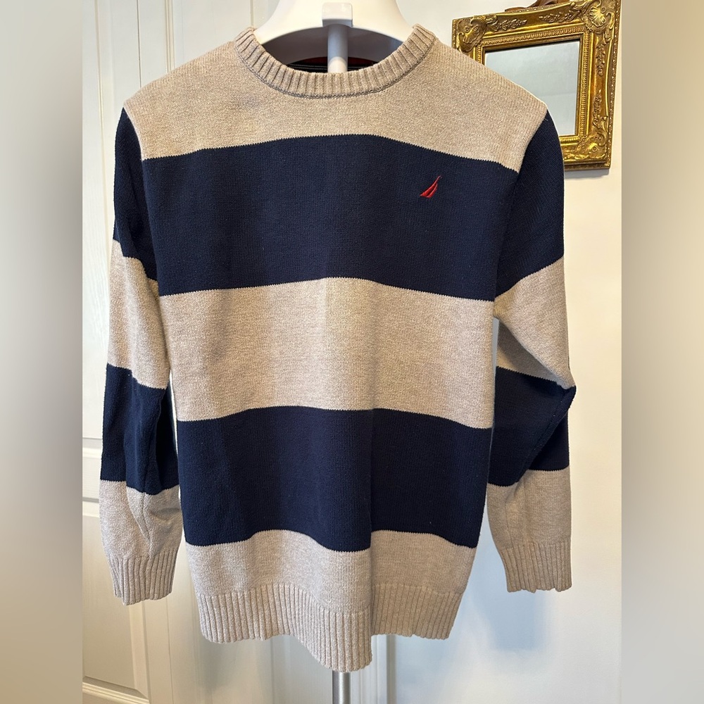 Nautica, Boy’s Crewneck Sweater - Navy and Tan Stripes